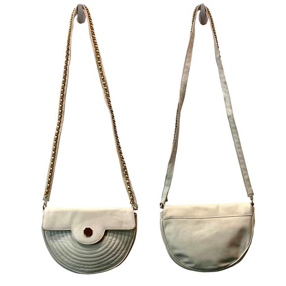 80s 90s White Leather Semi Circle Shoulder Bag Gold Chain Accents - Picture 3 of 11